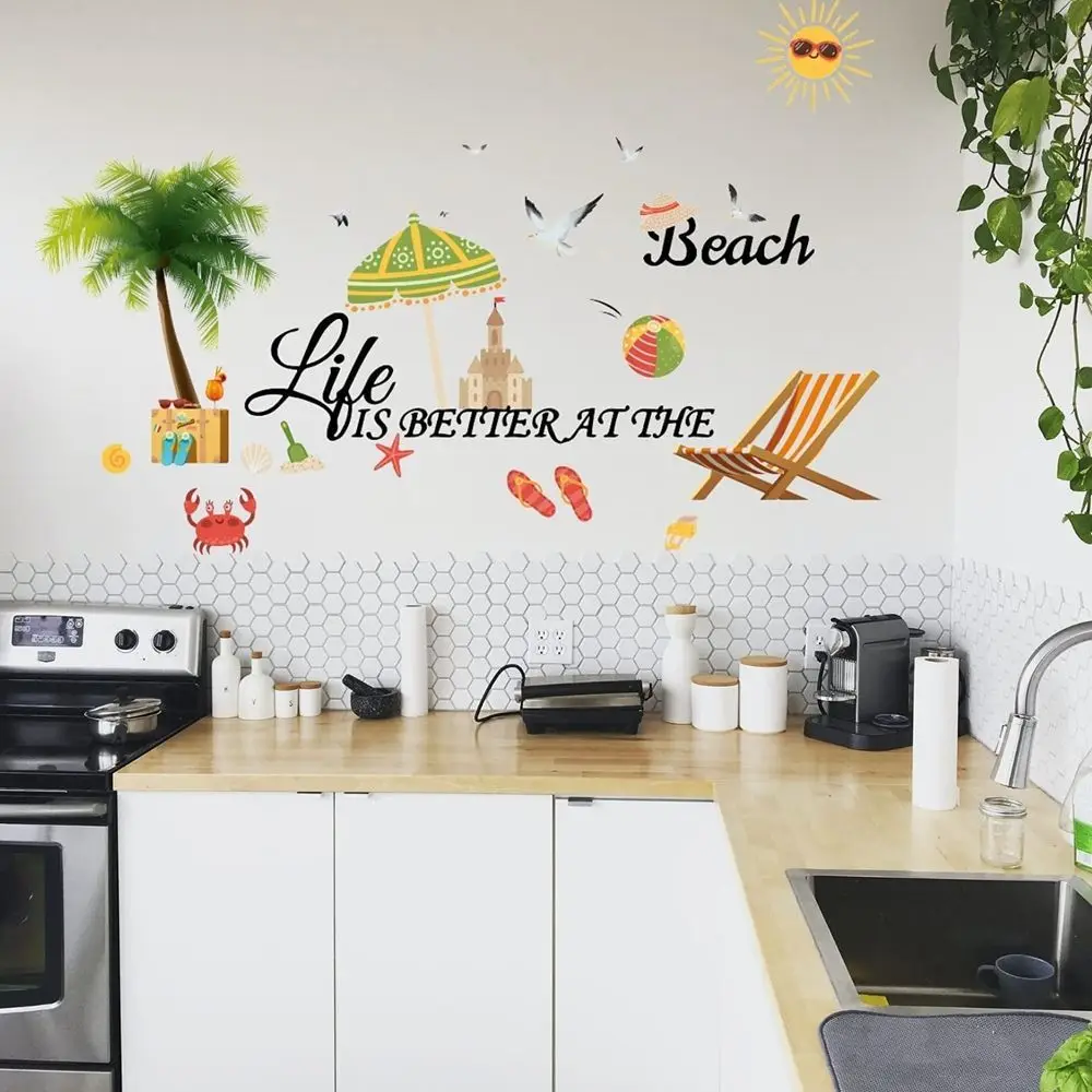 

4 Sheet Summer Wall Decals Beach Sun Coconut Trees Stickers DIY Removable Peel for Car Living Room Kitchen Bathroom Home Decor