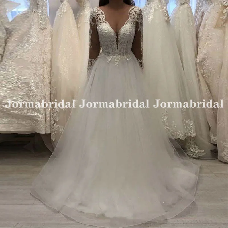 

Sexy Deep V-Neck Wedding Dress With Long Sleeve A-Line See Through Lace Applique Glitter Mesh Bridal Gowns Vestido suknia ślubna