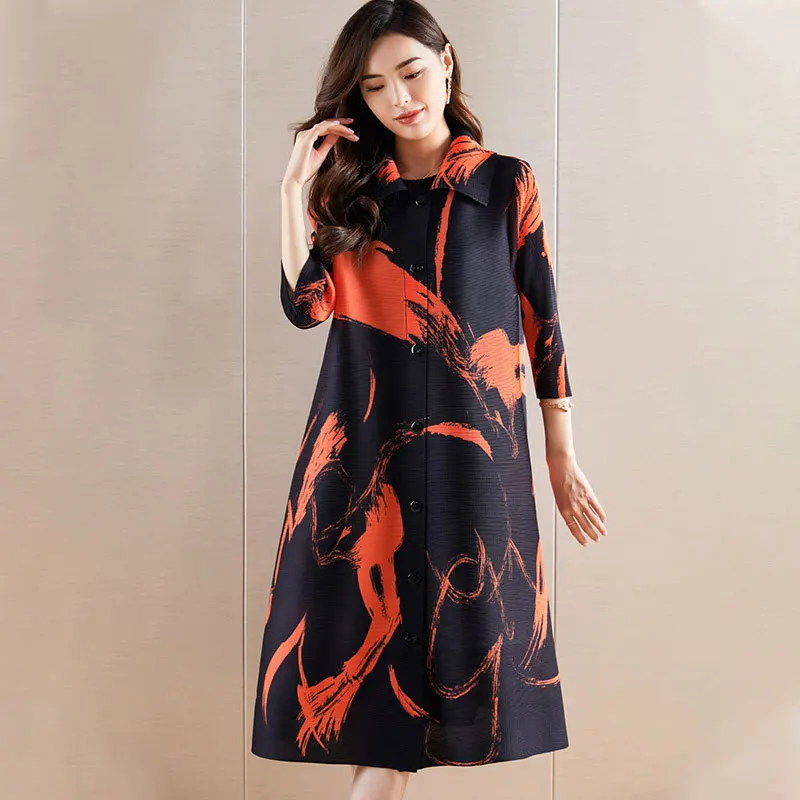 Women's 2021 autumn new Dress Miyak fold Large size loose and thin lapel print ladies mid-length pleated Dresses