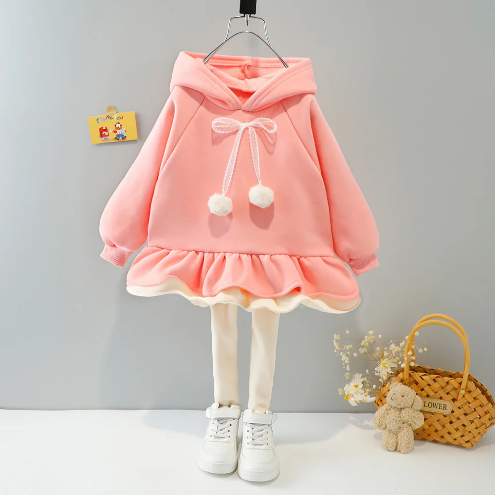 

Baby Girls Clothing Set Winter Sweet Hooded Plus Fleece Sweater + Tights Wavy Skirt Set Cute Thick Long Sleeves 2PCS