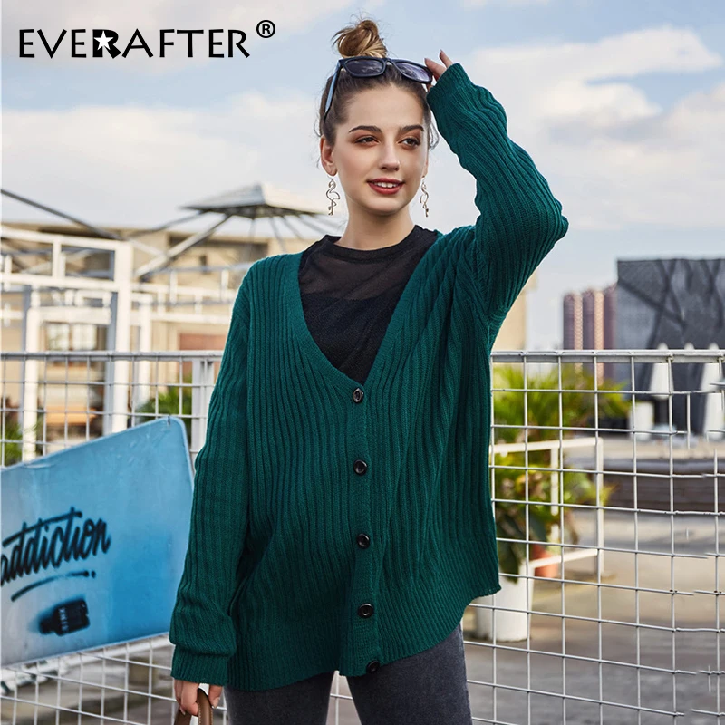 EVERAFTER винтажный женский кардиган с v-образным вырезом и пуговицами, свитер с длинным рукавом, модный винтажный осенне-зимний зеленый джемпер для женщин, Новинка