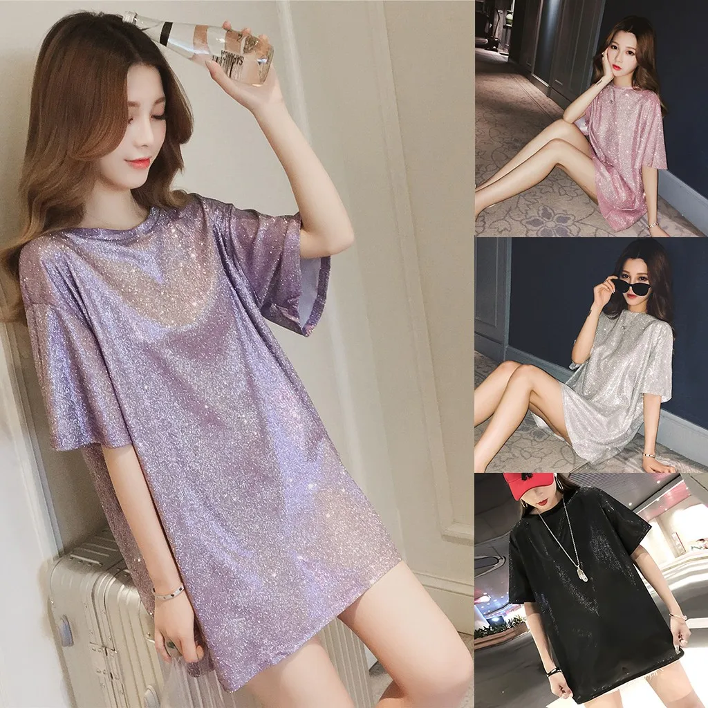 Женская футболка с коротким рукавом свободные Светоотражающие топы длинная