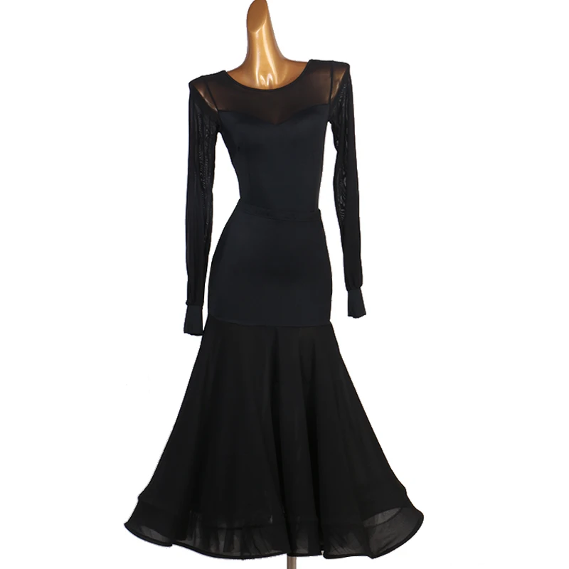 2020 New Ballroom Dress Elegant Black Long Sleeve Dress Party Prom Tango Waltz Dance Dress Standard Art Exam Dance Clothing 1661
