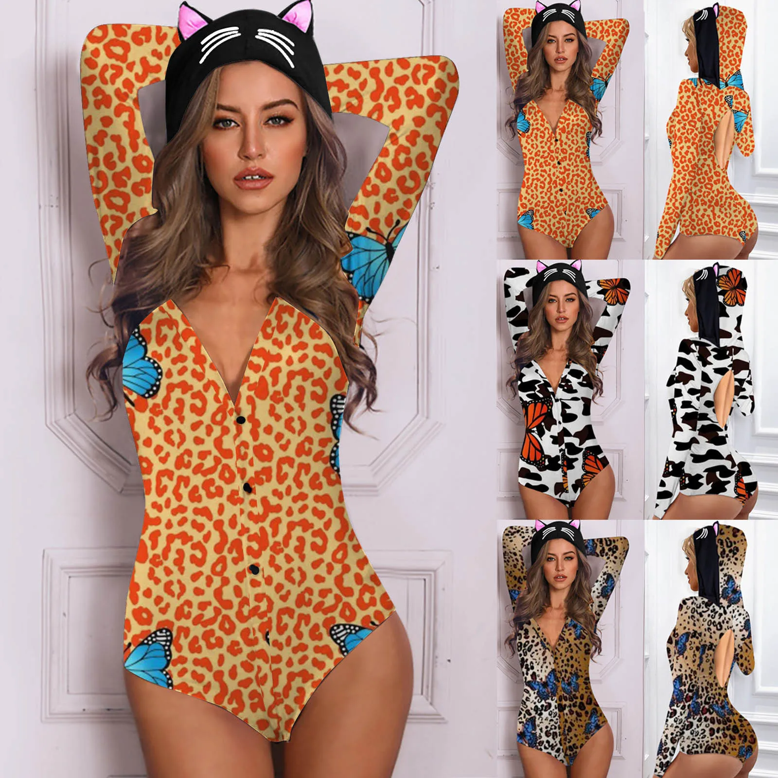 

Shorts Jumpsuit Women Button Animal Print Ear Hooded Tops Bodysuit Romper Sleepwear Playsuit One Piece Pajama Playsuit A50