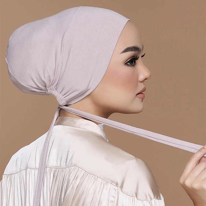 

Arab Muslim Turban Modal Elastic Cotton Bottom Cap Tie Rope Hijab Chemo Cancer Hat Pure Color Adjustable Head Wrap for Women