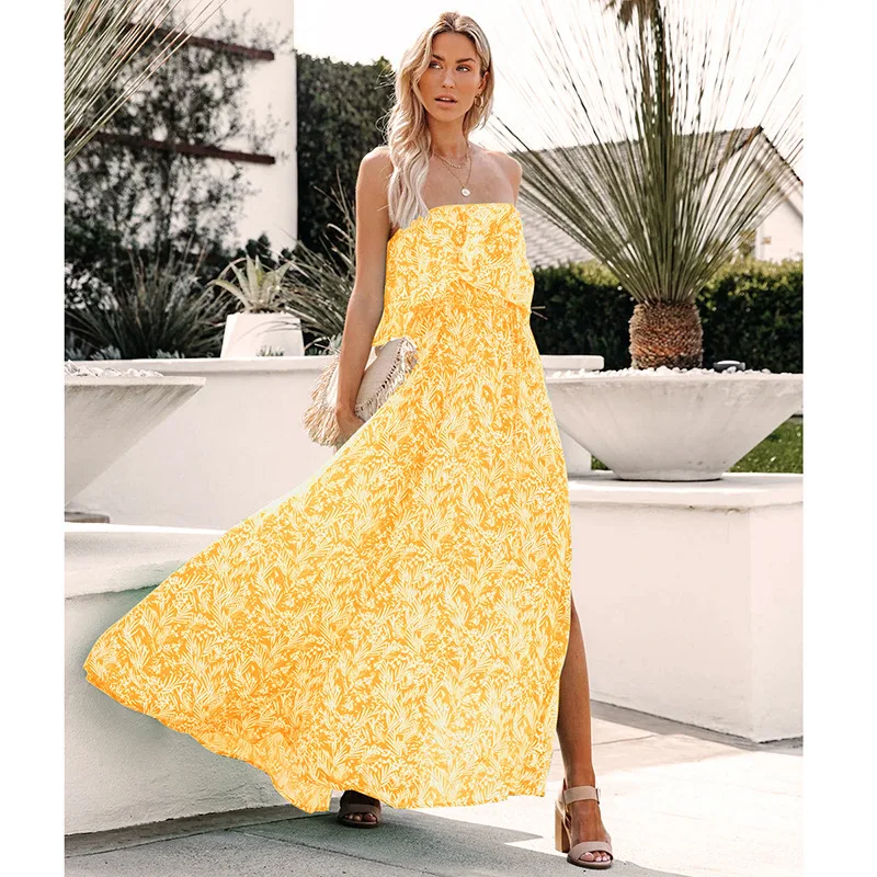 

Fashionable sleeveless dress with chest wrapped print split dress