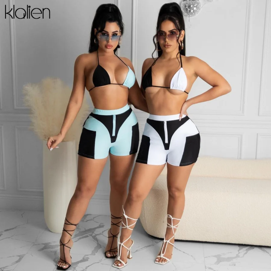 

KLALIEN Fashion Casual High Street Skinny Stretch Sexy Camisole and Zipper Shorts Two Piece Set Women 2021 New Beach Home Set
