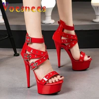 2021 new fashion high heels rivet one word band 15cm nightclub platform shoes summer chic ankle buckle strap sexy women sandals