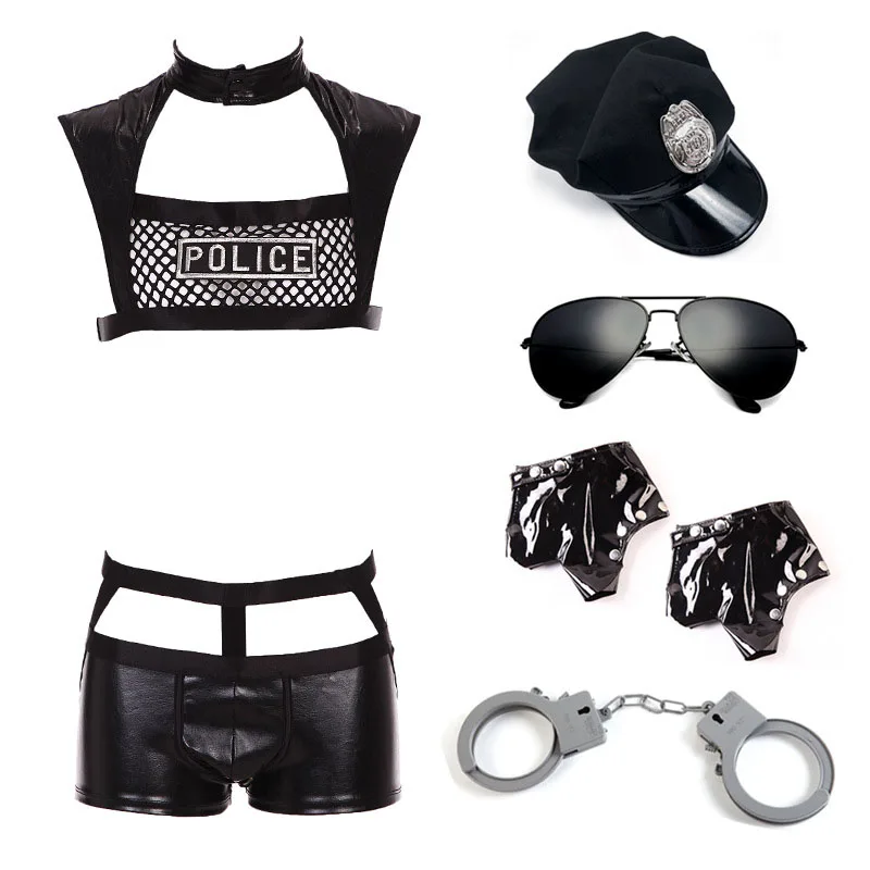 

Sexy lingerie cosplay male police role suit Europe and the United States new passion lace sexy leather pants temptation uniform