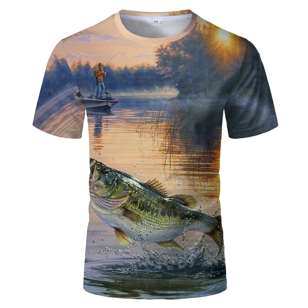 

3D full-body print children's men's T-shirt, oversized cute summer fishing cartoon pattern short sleeves