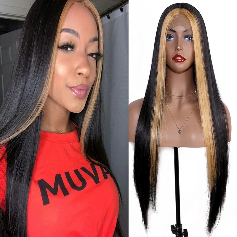 

13*4 синтетический парик на сетке спереди, длинные черные прямые парики с хайлайтером, светлые волосы, парики для черной моды, женские повседн...