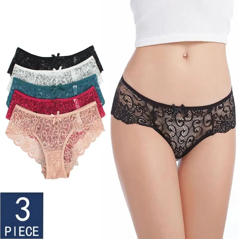

Girls 3 pcs Breathable Cotton Low Waist Briefs Sexy Lace Brief Women Briefs Transparent Underwear Ladies Hollow Out Panty