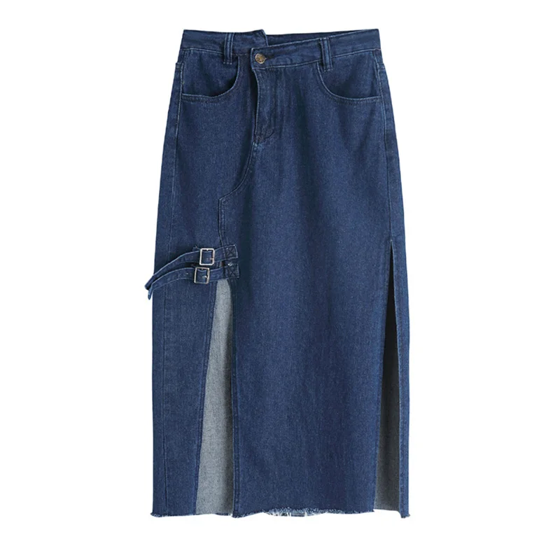 

2021 Summer Blue High Waist Denim Skirt Female French Sexy Split Denim Skirt Medium Length Skirt With Thin A-line Hip Skirt
