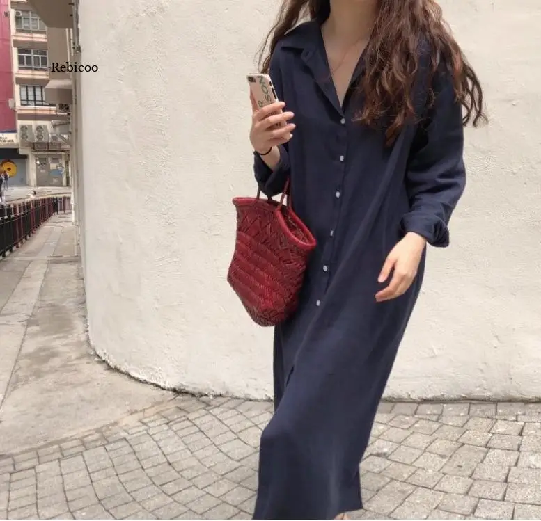 

Woman Pink Maxi Dress Shirt for Women Dresses Autumn Office Long Sleeve Dresses for Women Casual Cotton Linen Shirt Dress