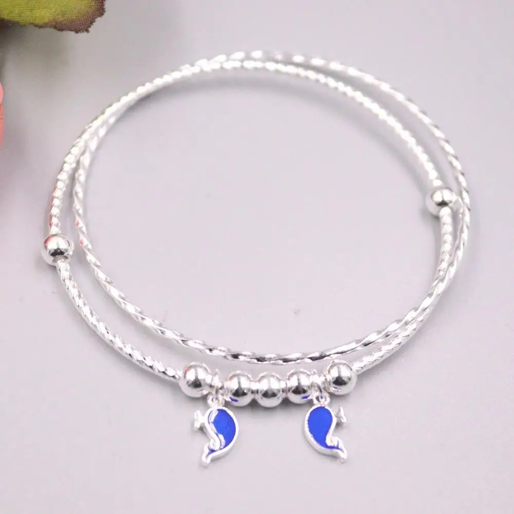 

Pure 999 Fine Silver Bracelet Width 5mm Small Whale Spiricle Beads Line Two Pcs/Set Bangle Diameter 58mm About 11g For Woman
