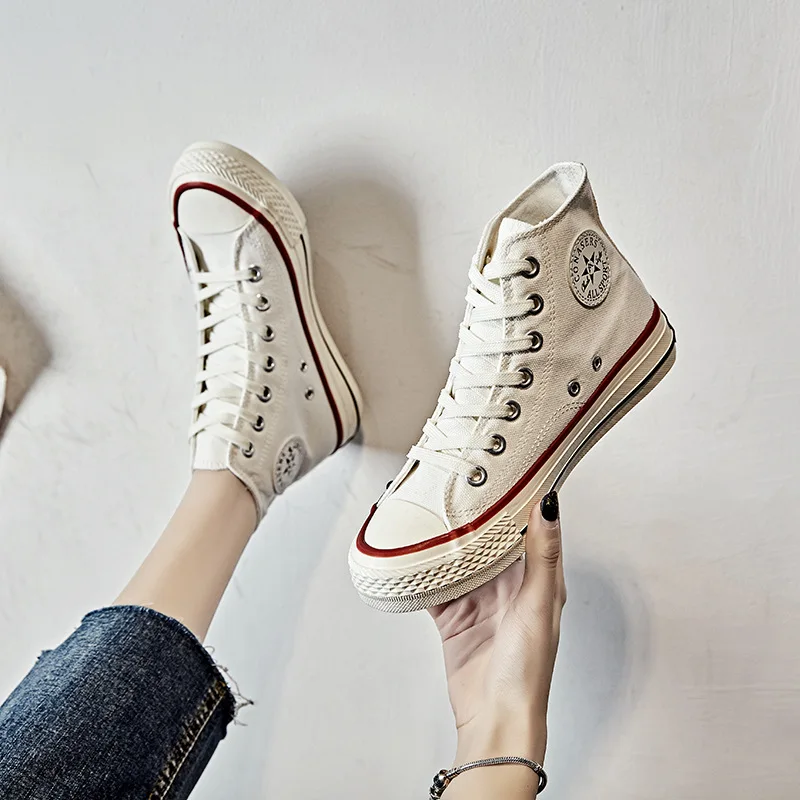 

High top thick bottom canvas women's shoes new retro lace-up ladies casual outdoor breathable sneakers