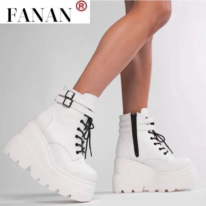 

Winter Fashion High Platform Boots Leather High Wedges Ankle Boots Women 2021 New Female Punk Style High Heels Shoes for Woman
