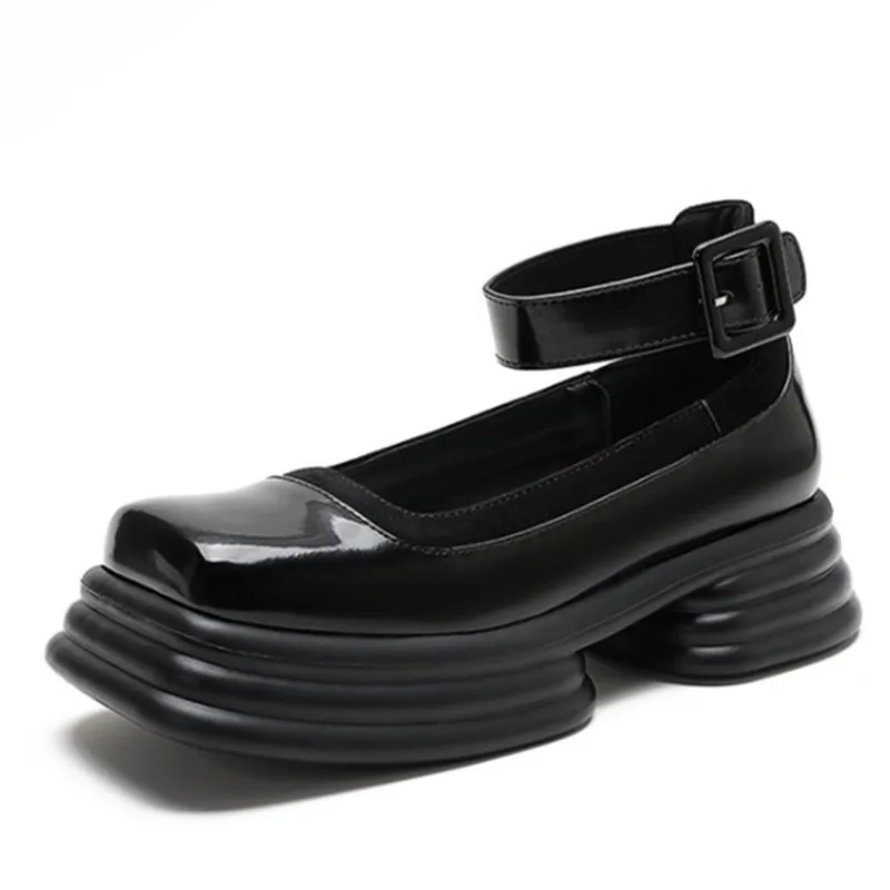 

Ankle Strap Women Pumps 5CM Chunky High Heels Black Thick Sole Platform Shoes Woman Retro Square Toe Zapatos Mujer Creepers