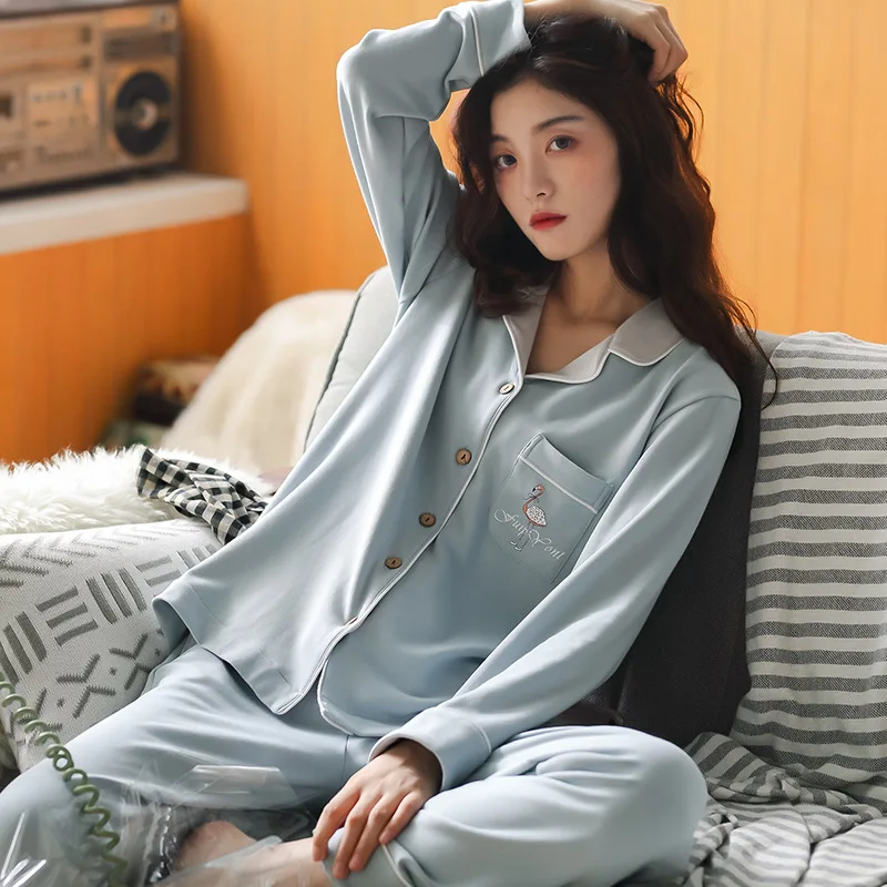 

Spring Autumn Women's Pajamas Solid Color Long Sleeve Cotton Oversized Cardigan Can Be Worn Out of Home Clothes Set Sleep Tops