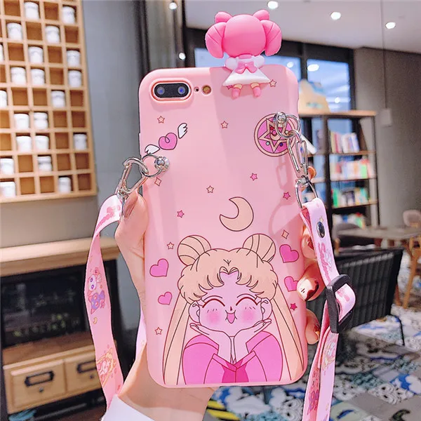 TPU Moon Lanyard Милый протектор экрана Сейлор Мун чехол для телефона аниме для iPhone 11 Pro Max X XS MAX XR 6 6s 7 8 Plus для задней крышки из закаленного стекла - Color: TPU Moon Lanyard