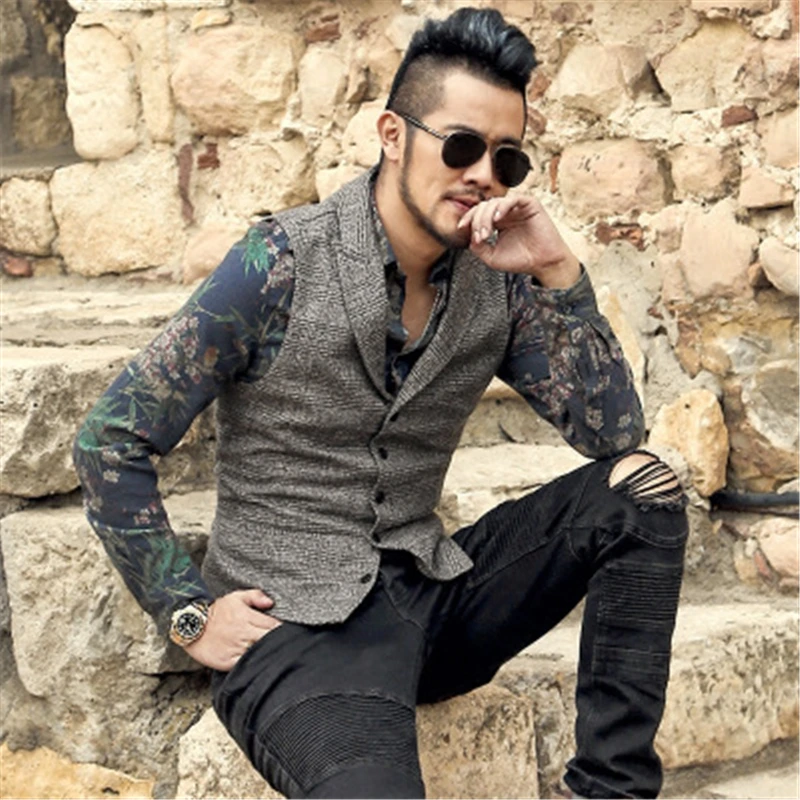 

Британский стиль Для мужчин s твид серого цвета в клетку, деловые мужские костюмы, костюмы с жилетом Для мужчин Slim жилеты плотной посадки биз...