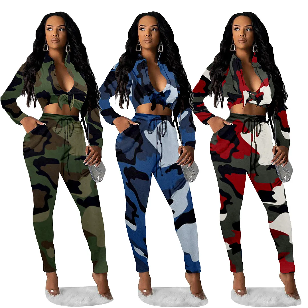 GL Fall Winter Women's set V-Neck Long Sleeve Crop Top Long Pants 2 piece set camouflage Print Bandage tracksuit Outfits L5095