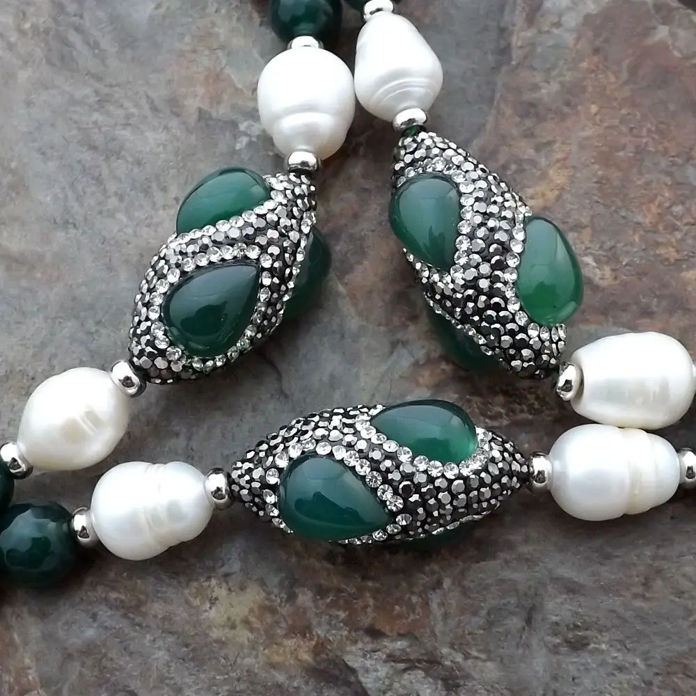 

48'' Green Agate White Rice Pearl Necklace