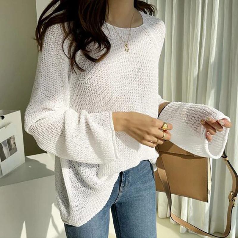 Свитер Женский вязаный с длинным рукавом однотонный Свободный пуловер в
