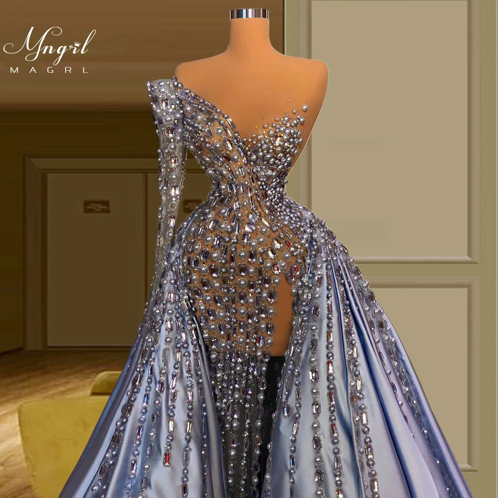 

MNGRL Luxury Evening Dress One-shoulder Long Sleeves Hand-applied Diamonds Glittering 2021 New Evening Dress Party Dress