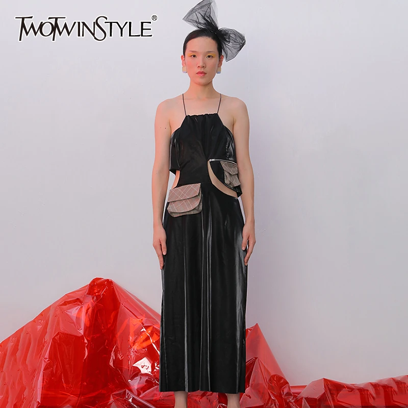 TWOTWINSTYLE Асимметричные женские платья на тонких бретелях с квадратным воротником без рукавов с высокой талией