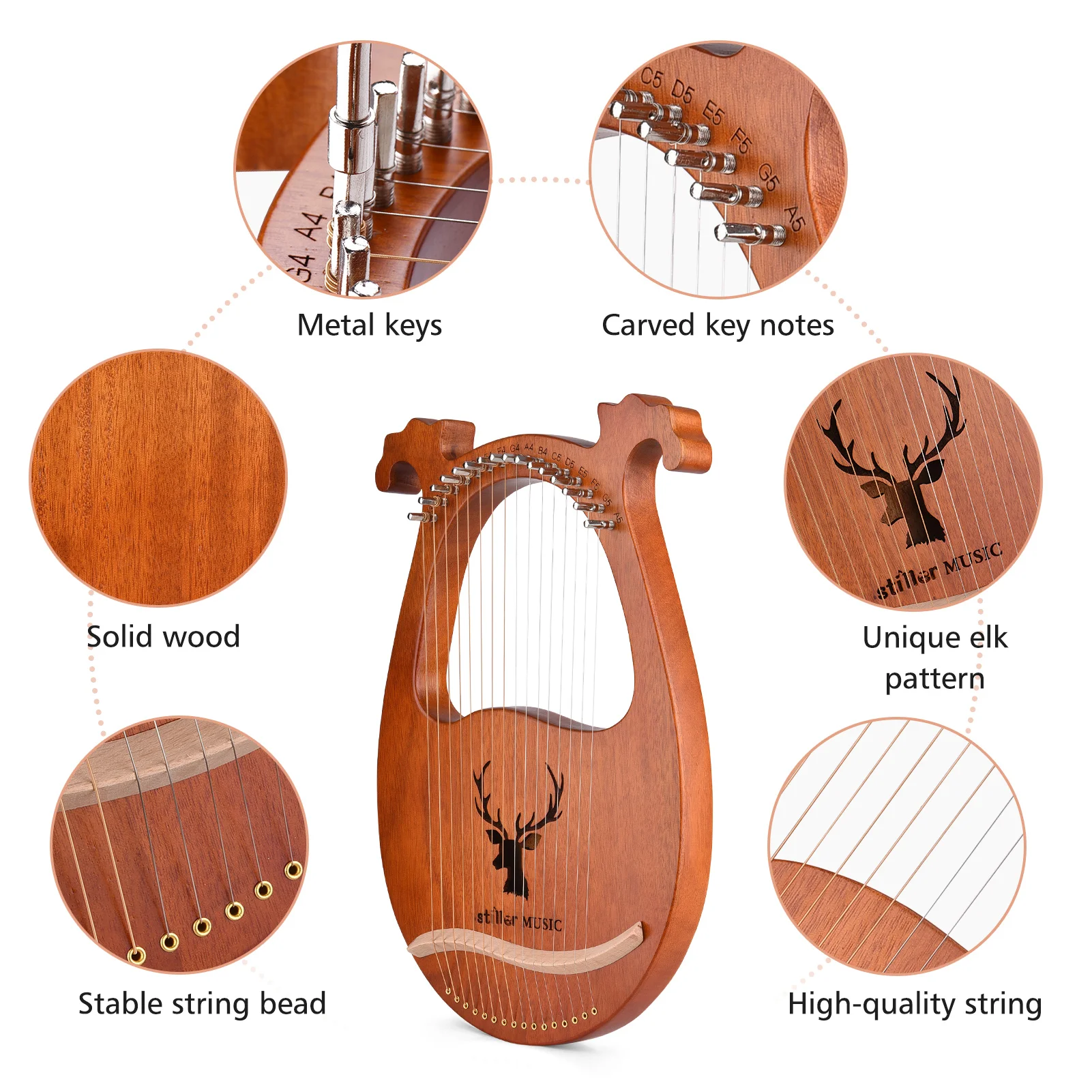 

ammoon 16 String Lyre Harp Solid Wood String Instrument & Elk Pattern Tuning Hammer Strings Cleaning Cloth Picks for Beginners