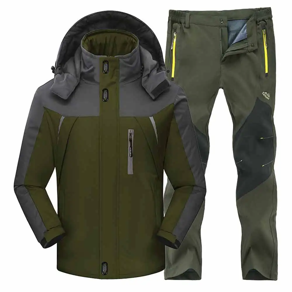 Army Green Suit Мужские зимние водонепроницаемые лыжные теплые флисовые походные куртки для рыбалки и катания на лыжах, мужские походные брюки, походная куртка, комплект, 4XL костюм - Цвет: Army Green Suit