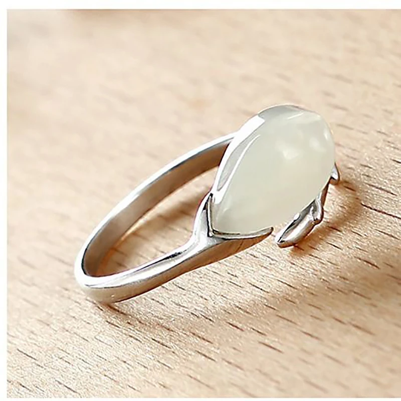 

sNew silver original design natural Hetian Chalcedony creative retro opening adjustable small fresh cute romantic women ring