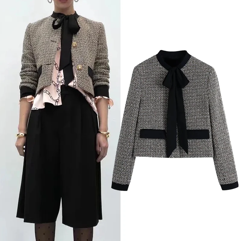 

Za 2022 Women Fashion With Bow Tied Tweed Blazer Coat Vintage O Neck Long Sleeve Female Outerwear Chic Pocket Top Jacket Femme
