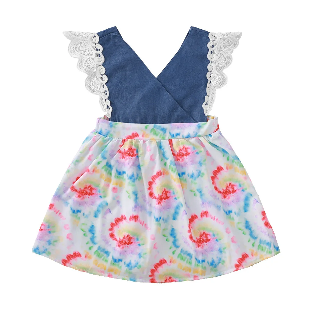 

Summer 2021 Girls Dress Girls Cute Dress Sleeveless V Neck Lace Patchwork Print Floral Cute Girl Dress Vestidos 12M-5T