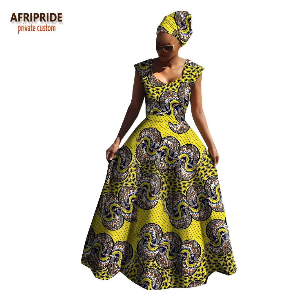 Afripride, Африканское весеннее Хлопковое платье для женщин, без рукавов, v-образный вырез, длина до пола, женское платье с повязкой на голову A1825039 - Цвет: 581J