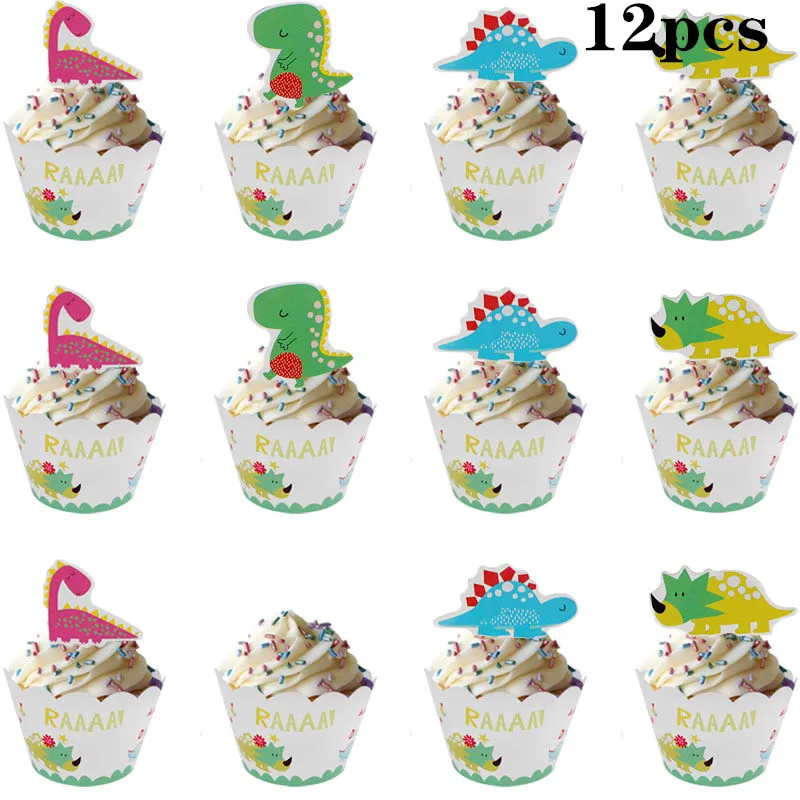 cake wrappers 12pcs Мотив динозавра праздничный набор столовой посуды Одноразовая бумажная тарелка скатерть торт Топпер с первого дня рождения товары для мальчиков - Цвет: cake wrappers 12pcs