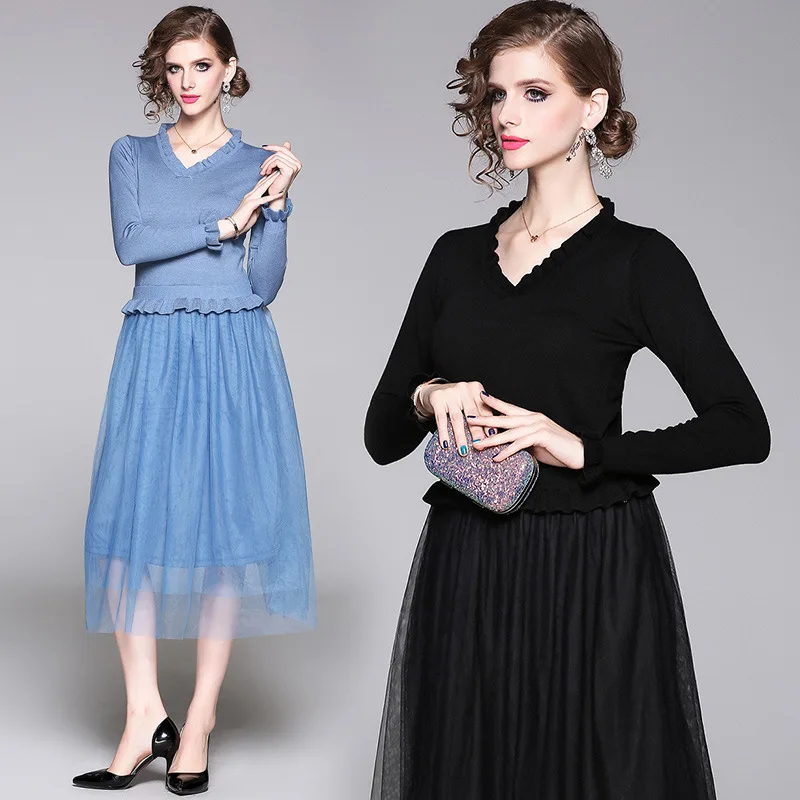 Женское длинное платье из тюля с V-образным вырезом и оборками | Женская одежда