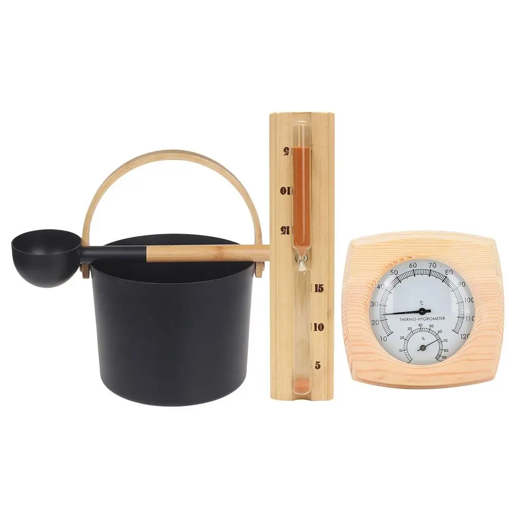 

Sauna Bucket Sauna Aluminum Bucket With Long Handle Spoon Strong And Durable Sauna Accessory Set Hourglass Thermometer Hygrom