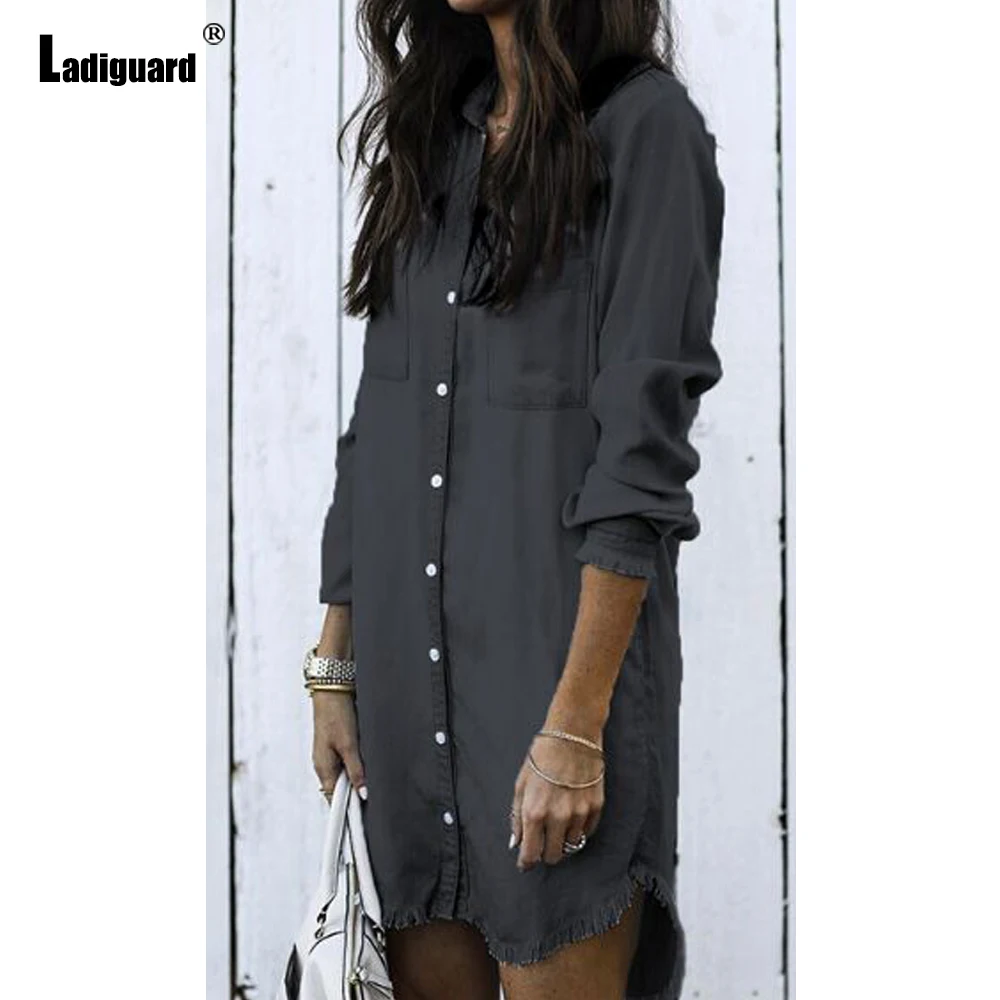 Ladiguard 2021 Single Breasted Tops Long Denim Shirt blusas Girls Streetwear Jean Outerwear Autumn Loose Vintage Demin Blouses