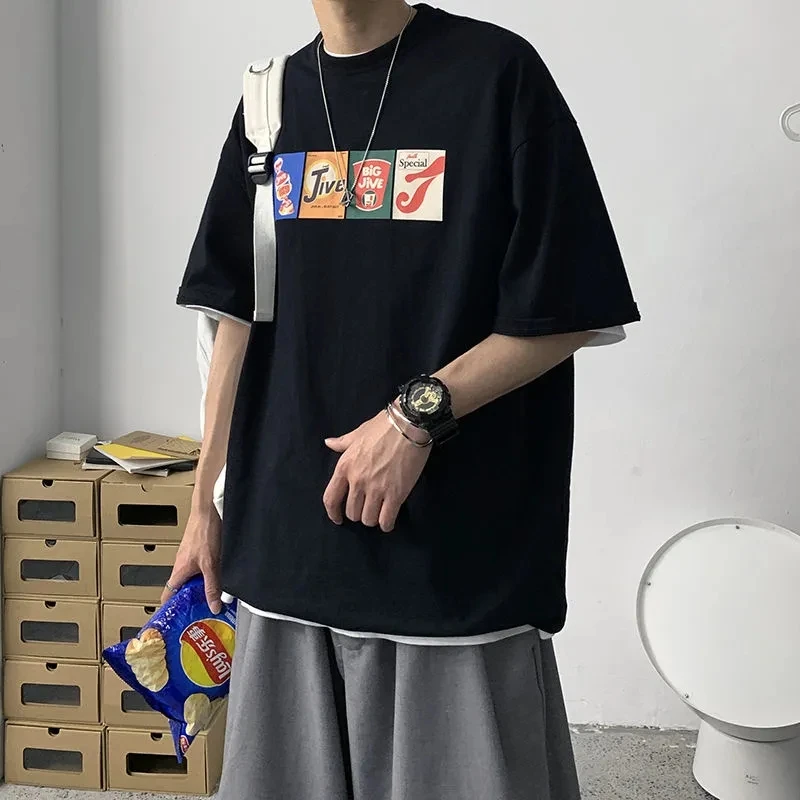 

100% cotton Hong Kong style short-sleeved T-shirt boys popular logo INS trend T-shirt all-match loose half sleeve S-4XL