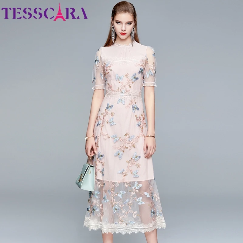 TESSCARA женское роскошное Сетчатое платье с вышивкой высококачественное розовое