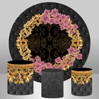 Круглый эластичный фон арабеско с изображением цветов, черного и золотого цветов