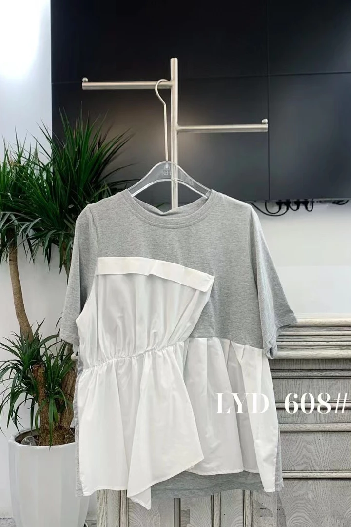 

2021 Summer Irregular Stitching Contrast Color Loose Short Sleeve T-shirt Women Casual Style All-matching Top