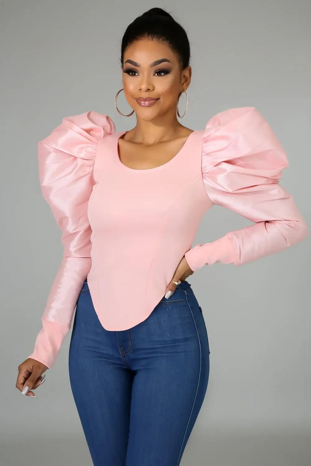 

Модные женские осенние Универсальные женские одноцветные топы с О-образным вырезом с пышными рукавами узкие Асимметричная, Tess, для похода в...