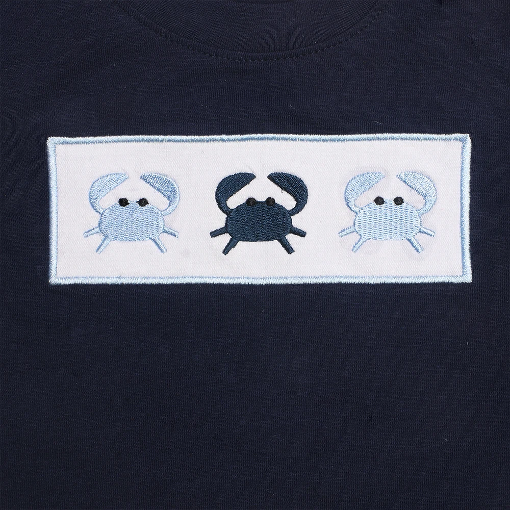 Ropa de verano para ni&ntilde;os, Top de manga corta azul marino y pantalones cortos a cuadros negros, patr&oacute;n bordado de tres cangrejos-3