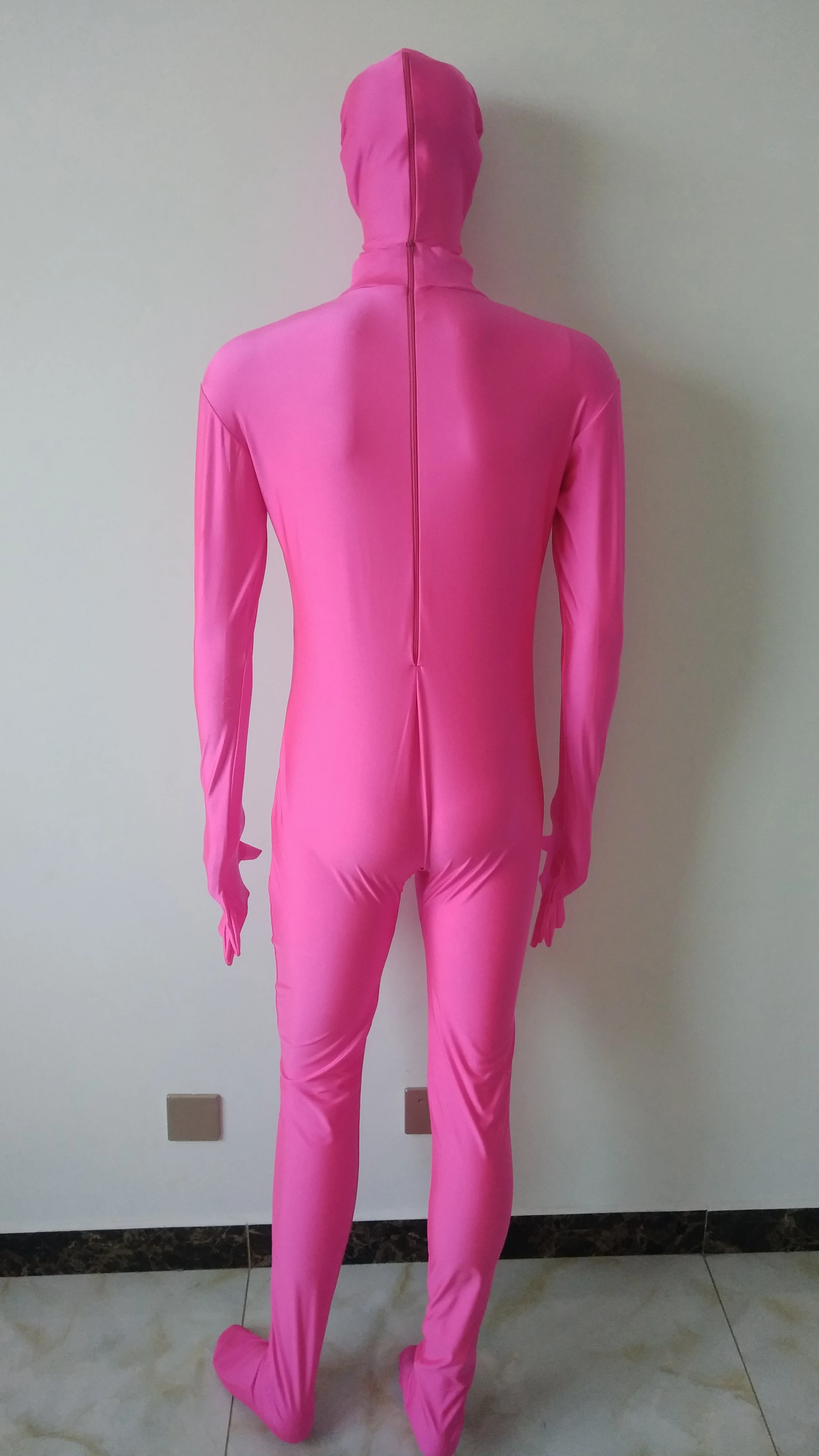 New style pink color Spandex men Unitard Catsuit with Penis sheath removable mask open eyes mouth |