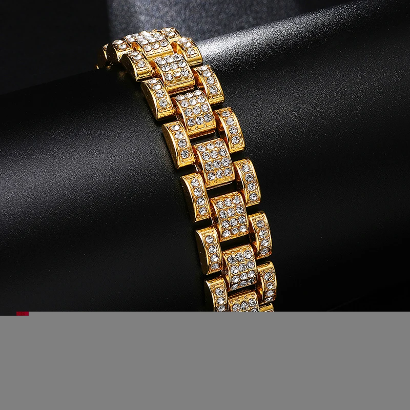 Хип хоп Iced Out Bling цвета: золотистый, серебристый полный часы со стразами группа звено цепи браслеты для мужчин рэппер ювелирные изделия
