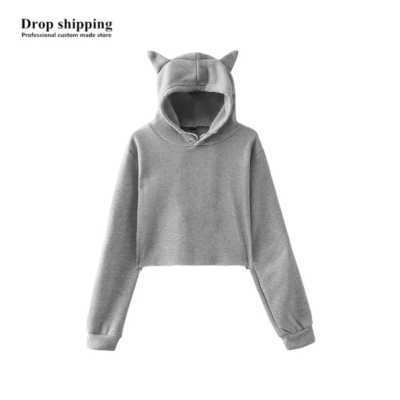 Drop Shipping Women/ Girls Crop Top Hoodies Grils Cat ears Pullovers Hooded Sweatshirts Shorts Tops Accept Custom made Logo DIY | Женская
