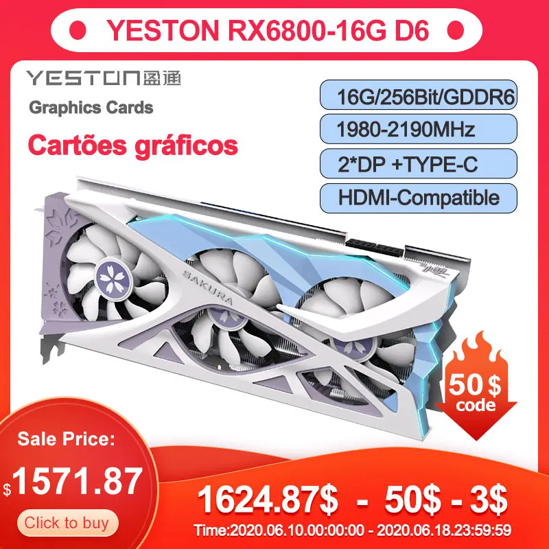 Kaufen Yeston Radeon RX6800-16G D6 Grafiken Karten 16G/256Bit/GDDR6 1980-2190MHz 8 + 8 PIN ARGB DP * 2 DirectX 12 Video Karte PCI-Express 4,0
